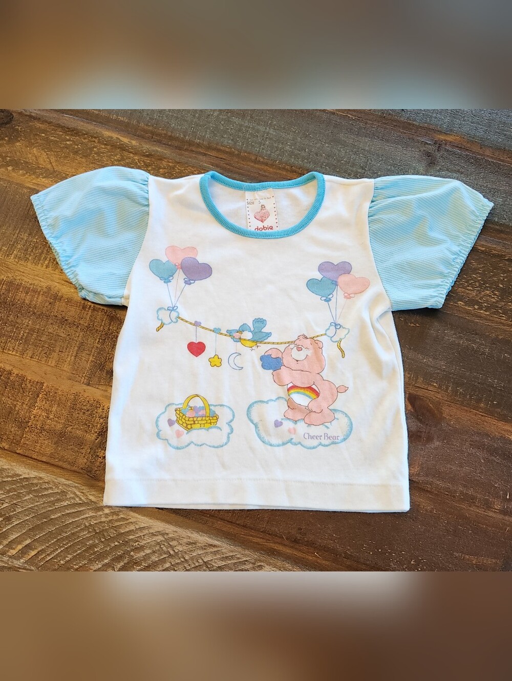 Vintage 80's Care Bears Cheer Bear Pastel Blue Short Sleeve Kids Top